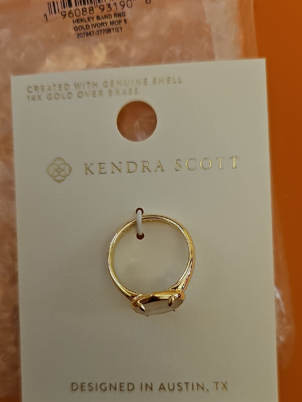 Kendra Scott Gold Ring with Ivory Shell Oval Stone Size 8
